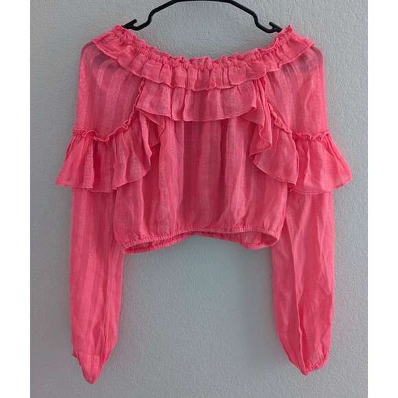 LoveShackFancy Ruffle Popover Top Women's Size XS Watermelon Ice Pink Cropped - Picture 6 of 8